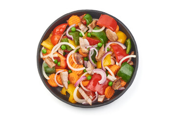 Stir Fried vegetables with meat pieces, isolated on white background.