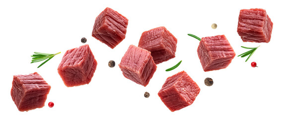 Cubes of raw beef meat isolated on white background