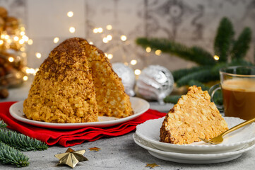 Traditional russian cake Anthill made of shortbread cookies and condensed milk with butter....