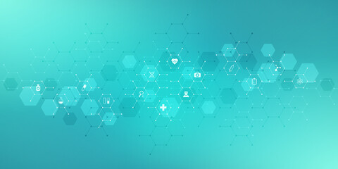 Medical background and healthcare technology with flat icons and symbols. Concept and idea for health care business, innovation medicine, health safety, science, medical research, and development.
