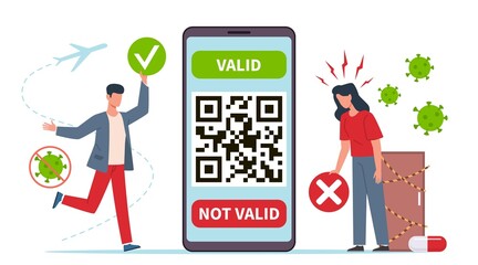 Valid quick response code. Vaccinated people and huge smartphone with qr on screen, valid and invalid green certificate, health passport, new features and limitations, vector concept - obrazy, fototapety, plakaty
