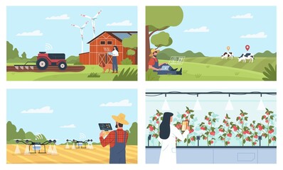 Fototapeta Smart farm people. Digital irrigation with quadcopters, agriculture innovation, farmers use gadgets, mobile management, modern technology, man and woman in countryside vector isolated set obraz