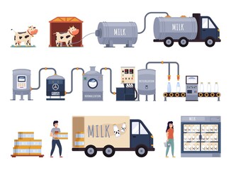 Cartoon milk production. Dairy process chain, processing line in automated dairy factory, food industry. Milking, pasteurization and bottling, transportation to stores vector isolated set - obrazy, fototapety, plakaty