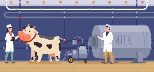 Automatic milking. Machine milking process, cow with special device, nutritious products, food industry, farmers control, farm animal in factory, vector cartoon flat isolated dairy concept