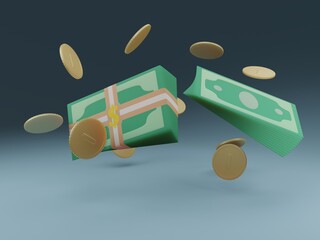 3d cartoon financial instruments floating in space. Bundles of dollars, gold dollar coins, bank packs of dollars. Soft tones.