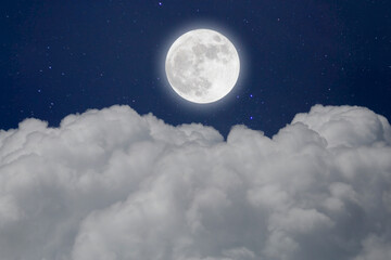 Romantic Moon In Starry Night Over Clouds.