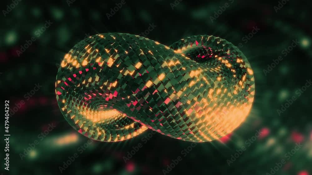 Poster abstract spinning slowly twisted chain object. motion. metal horizontal infinite sign of glowing par