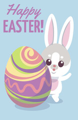 Happy Easter poster. Cute little rabbit with egg