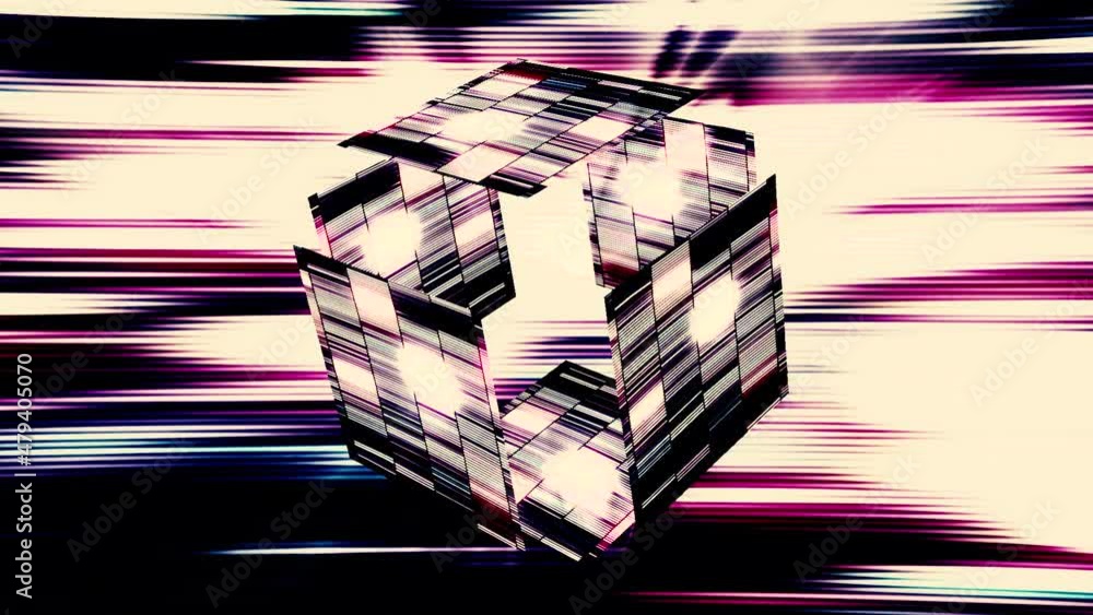 Poster abstract glowing cube covered by blinking digital tiles. motion. 3d cubic shape with moving sides on