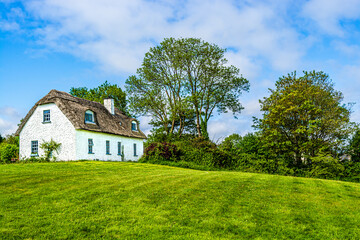 Fototapeta na wymiar Landscape of a traditional Irish cottage country house with thatch roof next to green trees