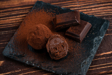 Homemade fresh energy truffle chocolate candies with cocoa powder