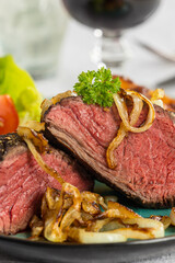closeup of a cut steak