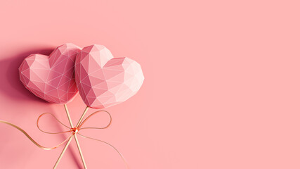Two hearts on the stick tied with golden bow on pink background 3D Rendering, 3D Illustration