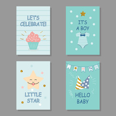 set of greeting cards happy birthday newborn baby boy, son. collection of 4 cute templates. vector illustration hand drawn style. kids kawaii blue background