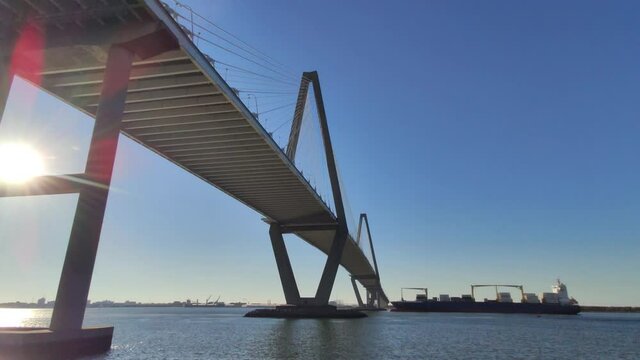 Charleston, South Carolina, USA - Driving through The Arthur Ravenel Jr. cable-stayed bridge over the Cooper River