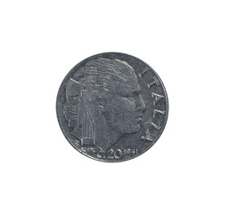 20 Centesimi coin made by Italy in 1941, that shows Fasces  - plurale tantum, a bound bundle of...