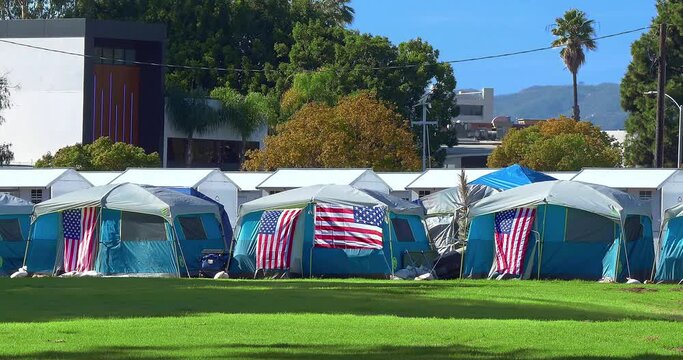 US Army veterans living on Veteran's Row in homeless encampment in Brentwood, Los Angeles, California, 4K
