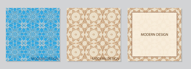 Set of floral square embossed light backgrounds web banners with geometric 3D pattern, frame for text. Ethnic creativity of the peoples of the East, India, Mexico, Aztec.