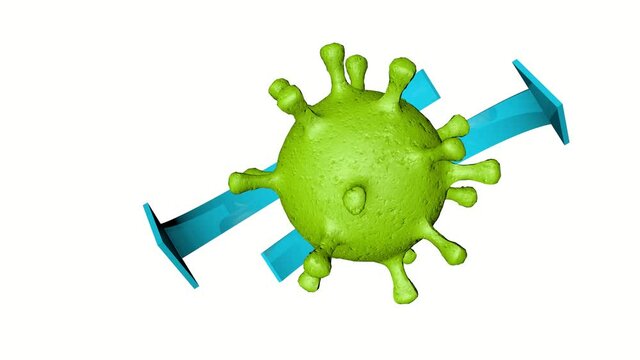 Blur and noisy image. Green vibrant color Virus animated background. Coronavirus 2019-nCov novel coronavirus concept. Blue arrows around the virus