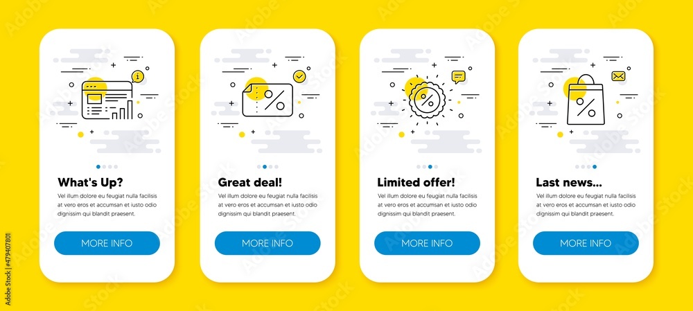 Poster vector set of discount banner, web report and discount line icons set. ui phone app screens with lin