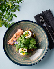 delicious breakfast sandwich with egg, herbs and seared salmon