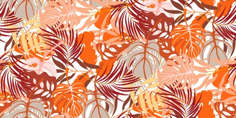 Photo sur Plexiglas Orange Modèle sans couture avec des feuilles de palmiers tropicaux, des feuilles de jungle. Jungle dense de palmiers et de monstères. Conception botanique pour le textile, le papier peint, le site Web, le papier d& 39 emballage, la chemise de style hawaïen. Vect