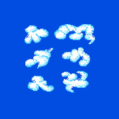Pixel clouds. Set of different clouds isolated on blue background. Vintage symbol.