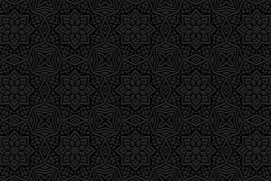 Luxurious floral embossed black background, cover design. Geometric 3D pattern with handmade elements. Ethnic creativity of the peoples of the East, Asia, India, Mexico, Aztec.

