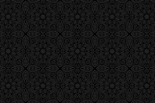 Decorative floral embossed black background, cover design. Geometric 3D pattern with handmade elements. Ethnic creativity of the peoples of the East, Asia, India, Mexico, Aztec.