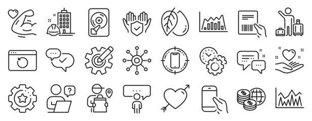 Set of Business icons, such as Hdd, Construction building, Multichannel icons. Mineral oil, Strong arm, Parcel invoice signs. Smartphone target, Hold smartphone, Airport transfer. Approved. Vector