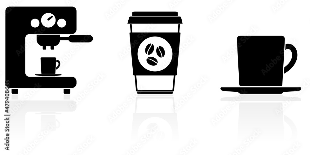 Poster web and internet cafe concept vector icon set, coffee machine, cups symbols isolated on white backgr