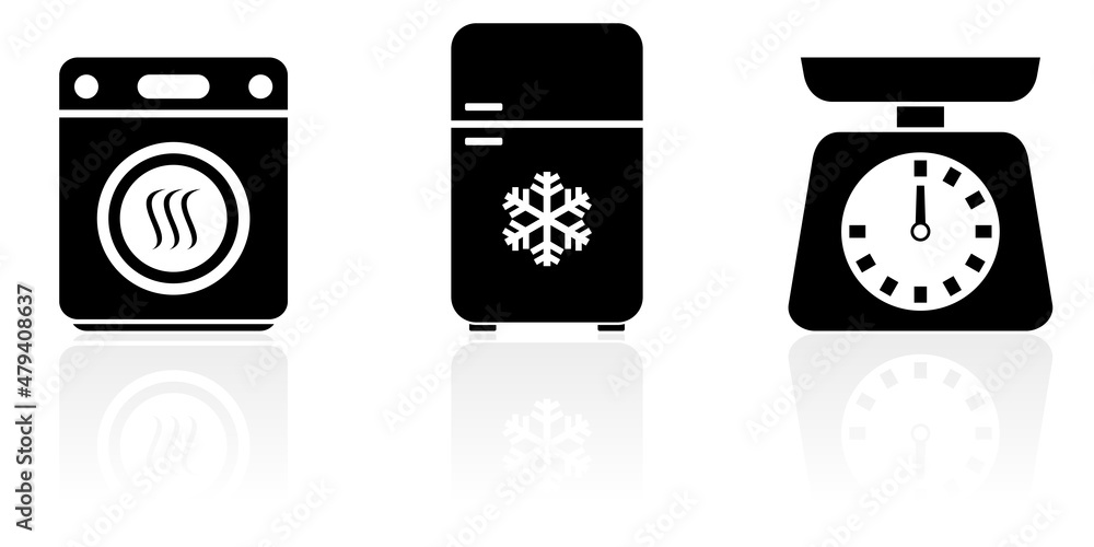 Poster web and internet home appliances concept vector icon set, washing machine, fridge, kitchen scale sym