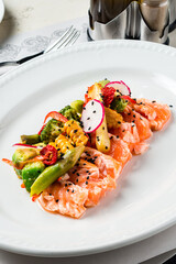 Steam salmon and vegetables, Paleo, keto, fodmap, dash diet. Mediterranean diet with fish. Healthy concept, gluten free, lectine free