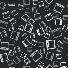 Grey Laptop icon isolated seamless pattern on black background. Computer notebook with empty screen sign. Vector