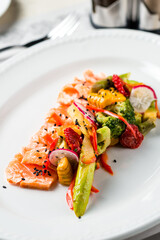 Steam salmon and vegetables, Paleo, keto, fodmap, dash diet. Mediterranean diet with fish. Healthy concept, gluten free, lectine free