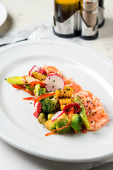 Steam salmon and vegetables, Paleo, keto, fodmap, dash diet. Mediterranean diet with fish. Healthy concept, gluten free, lectine free