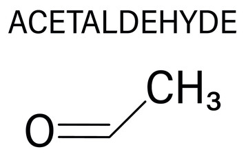 Acetaldehyde or ethanal molecule, chemical structure. Acetaldehyde is a toxic molecule responsible for many symptoms of alcohol hangover. Skeletal formula.