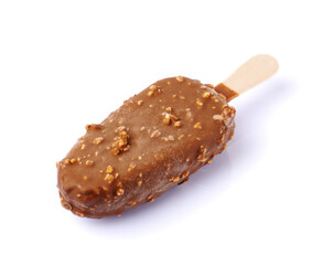 Chocolate ice cream stick with peanuts isolated on white background	