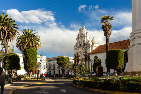 Church-hospital near the Obelisk of the Freedom Tower monument in Sucre, Bolivia