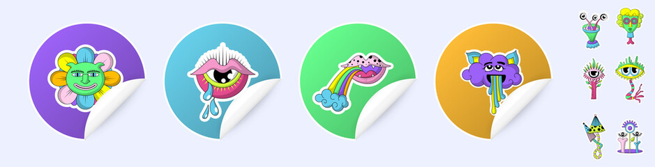 Psychedelic funny cartoon characters. A set of stickers. Vector illustration of the sun, lips, rainbow, cloud, eye, mushroom. Set of comic elements in fashionable cartoon style. Circle sticker mockup