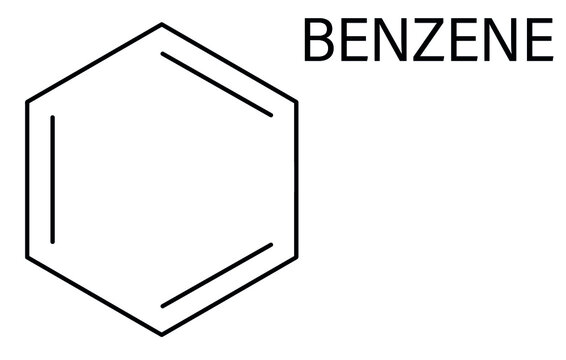 Benzene or Cyclohexatriene aromatic hydrocarbon molecule. Important in petrochemistry, component of gasoline. Skeletal formula.