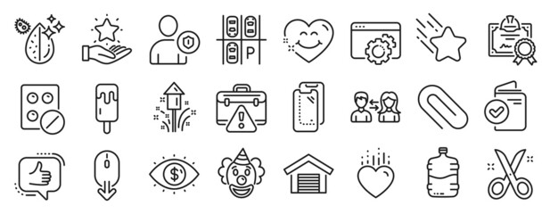 Set of Business icons, such as Clown, Smile face, Scissors icons. Medical tablet, Heart, Scroll down signs. Security, Ice cream, Seo gear. Parking garage, Paper clip, Fireworks. Like. Vector