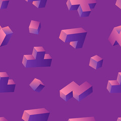 Neon glowing tetris 3d blocks seamless pattern on purple background. Vintage 80s style design. Clipping mask used.