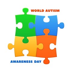 Obraz premium World autism day. Awareness poster with colorful puzzle autistic logo. Medicine care and childhood support concept, love and accept vector banner