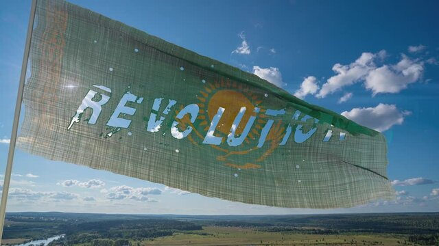 kazakhstan animated flag with the word revolution on a blue sky background. Kazakhstan coup. Change of power.