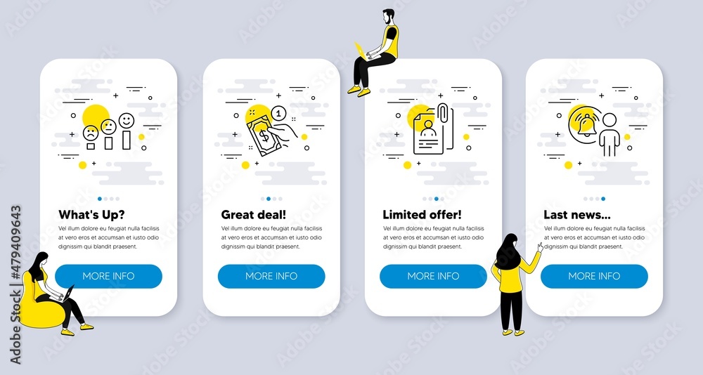 Poster vector set of business icons related to payment method, customer satisfaction and interview document