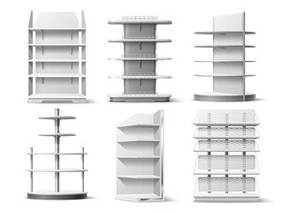 Empty shelving stands. Realistic shopping racks. Different type selling showcases. Supermarket and stores 3D furniture. Product distribution equipment. Vector exhibition racking set