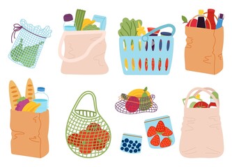 Grocery shop bag. Supermarket buying, foods in packaging. Cartoon baskets, paper bags with goods. Eco lifestyle, fruit and vegetables, decent vector set