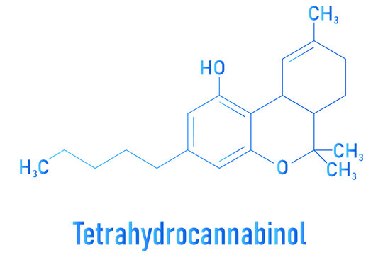 THC, delta-9-tetrahydrocannabinol, dronabinol, cannabis drug molecule. Skeletal formula.