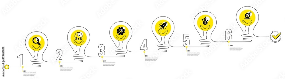 Poster lightbulb journey path infographics. business infographic timeline with 6 steps. workflow process di